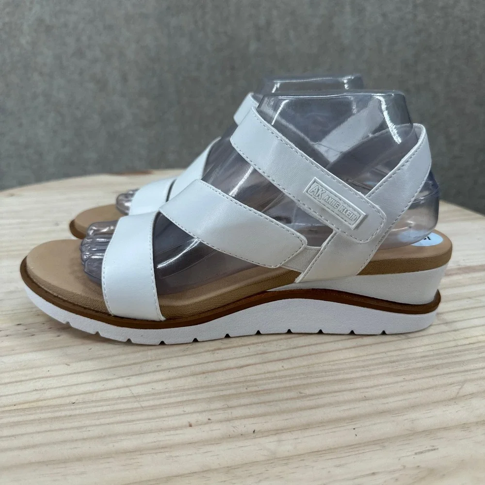 Anne Klein Aklatrell Wedge Slide Sandals SZ 9 White Strappy Comfort Lalasa